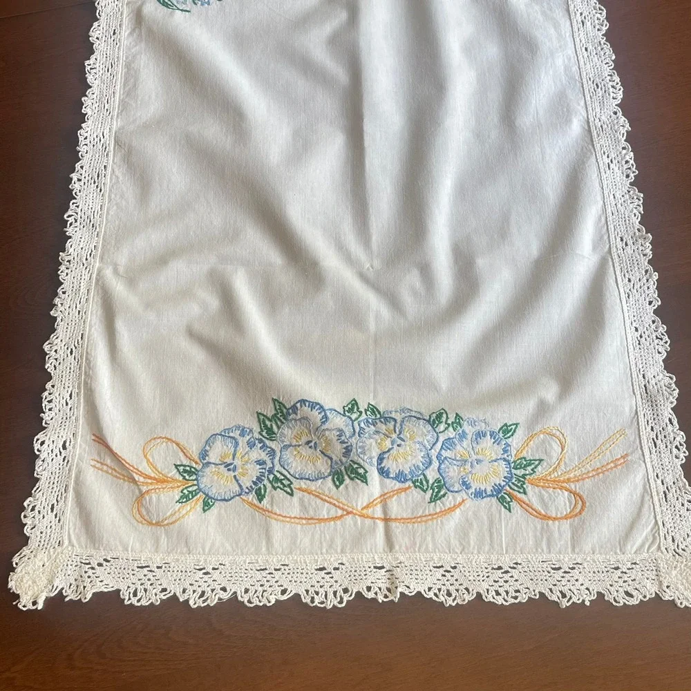 Vintage Hand Embroidered Blue Pansy Dresser Scarf White Lace Runner 36x15